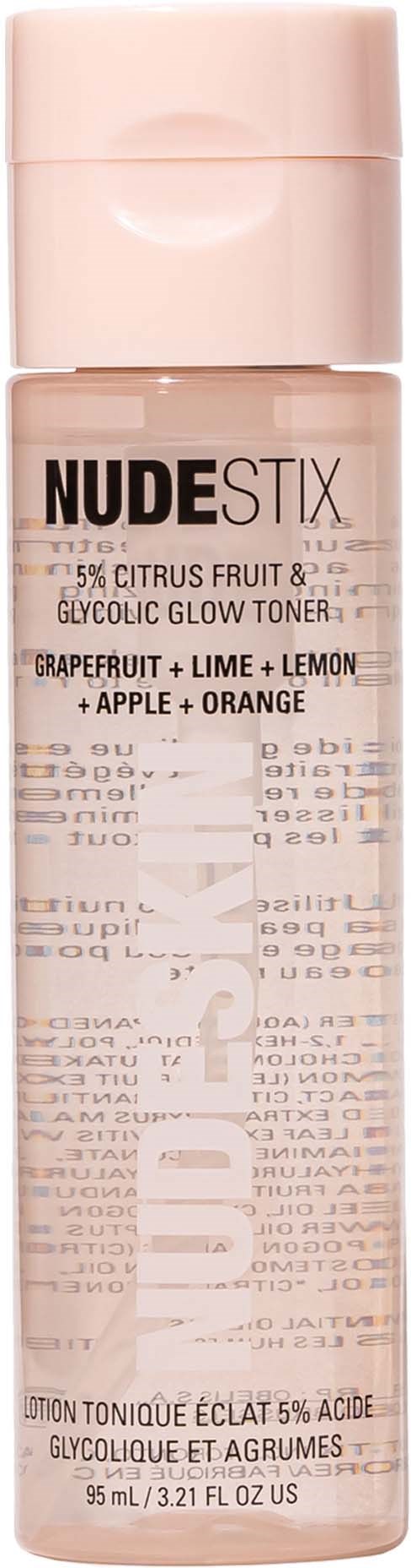 Kleine flesje gezichtsdoek met citrus- en fruitaroma's, roze deksel.