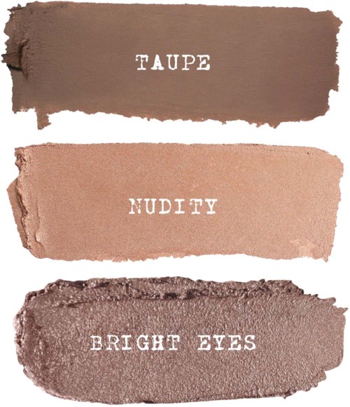 Tre sminknyanser kallade Taupe, Nudity och Bright Eyes visas med slitna, texturerade bakgrunder.