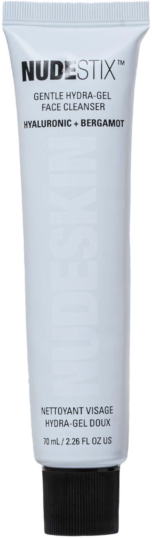 Eine weiße Tube Gesichtsreiniger mit schwarzem Deckel, beschriftet 'NUDESTIX GENTLE HYDRA-GEL FACE CLEANSER'.