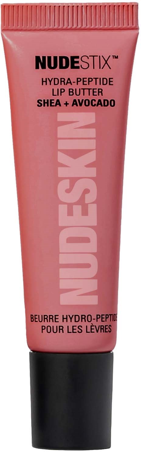 En rosa tub med Nude Stix läppbalsam med shea och avokado, märkt som hydra-peptid för läppar.