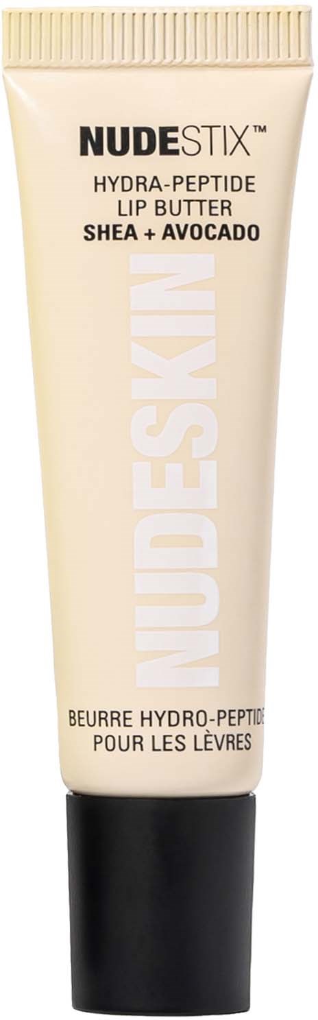 En tub med NudeStix Hydra-Peptide läppbalsam med shea och avokado, i beige och svart förpackning.