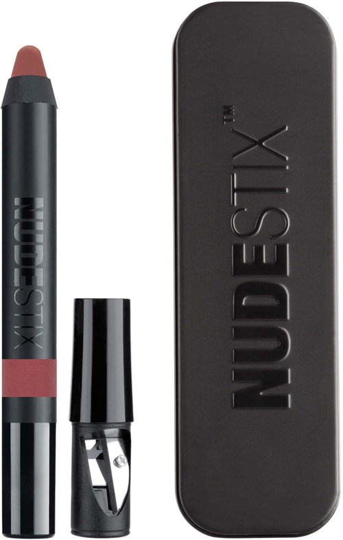 Lippenbalsam mit Drehstift, dazu ein schwarzer Deckel und eine schwarze Dose mit 'NUDESTIX' Schriftzug.