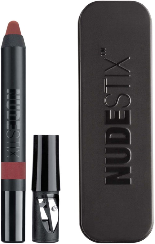 Ein Lippenstift mit schwarzem und rotem Design, neben einem schwarzen Etui mit dem EYESHADOW-Logo.