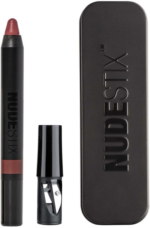 Ein Make-up-Stift, ein Deckel und eine schwarze Box mit 'NUDESTIX' logo.