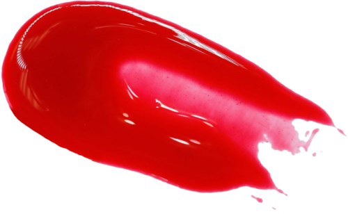 Ein leuchtend roter Lippenstiftstrich auf weißem Hintergrund. Es sieht glänzend und glatt aus mit einer spitzen Endung.