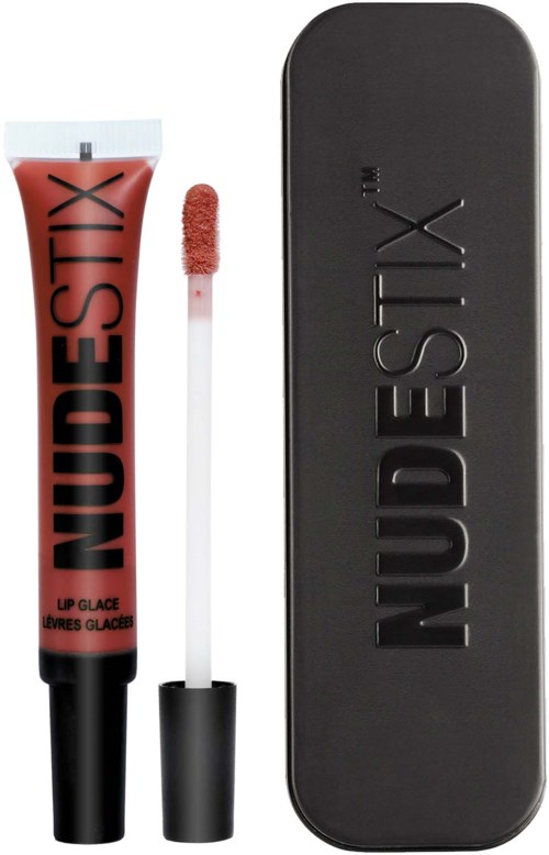 Lippen Gloss in einer Tube mit Applikator, beschriftet 'NUDESTIX'. Mit schwarzer Hülle.