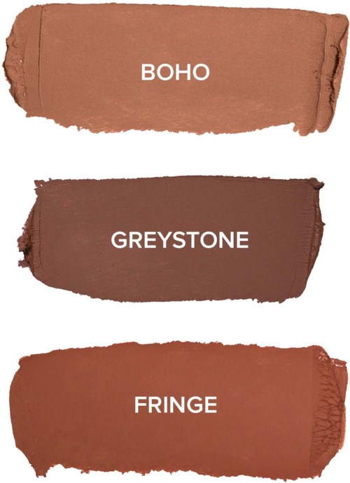 Tre makeupnyanser märkta Boho, Greystone och Fringe, från ljus till mörk. Enkla borststrok med text.