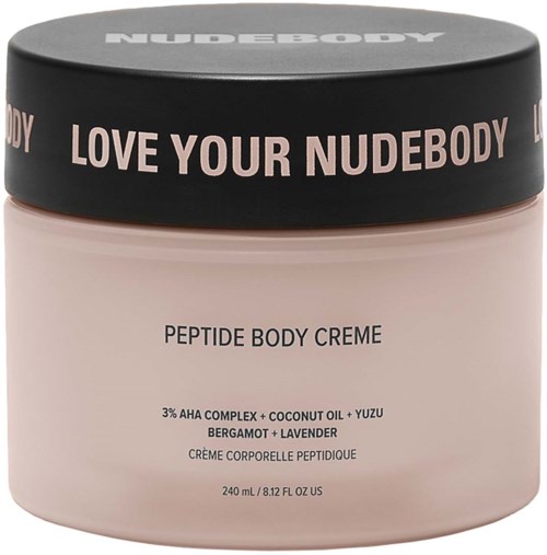 En rund krukke mærket 'LOVE YOUR NUDEBODY' indeholder peptide-kropscreme med naturlige ingredienser og dufte.