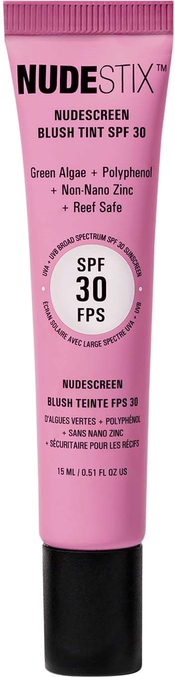 Ein rosa Tube mit Blush mit SPF 30, enthält grüne Alge und Polyphenol, geeignet für empfindliche Haut, mit schwarzem Deckel.
