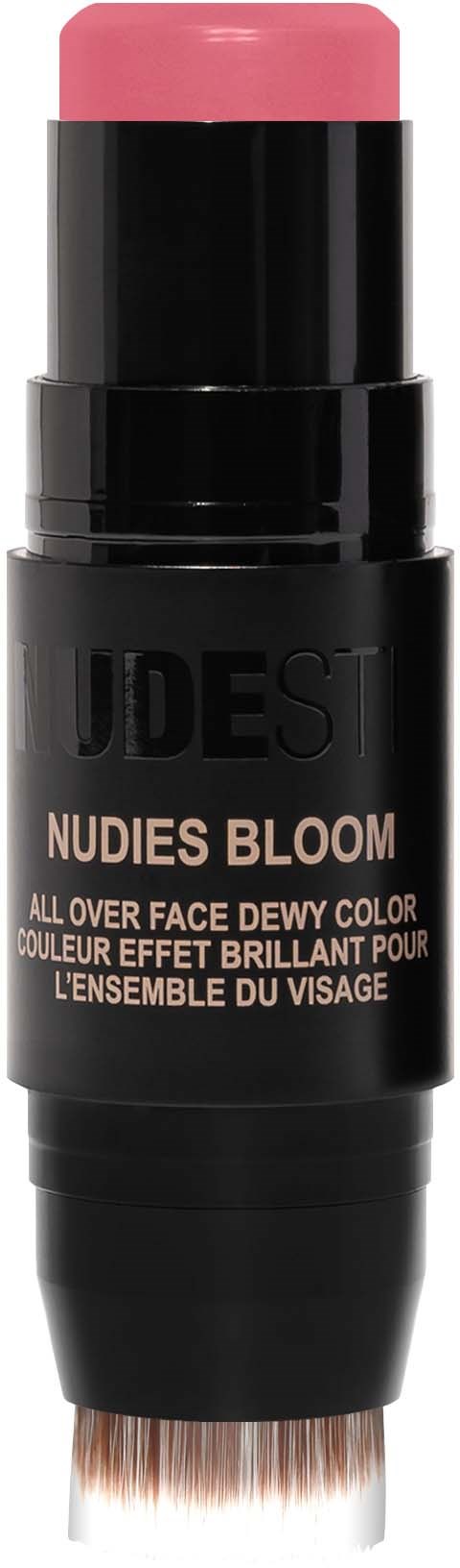Musta ja pinkki meikkipuna, merkki 'NUDES BLOOM' kasvojen kosteusefektiin, pyöreä pinkki yläosa.