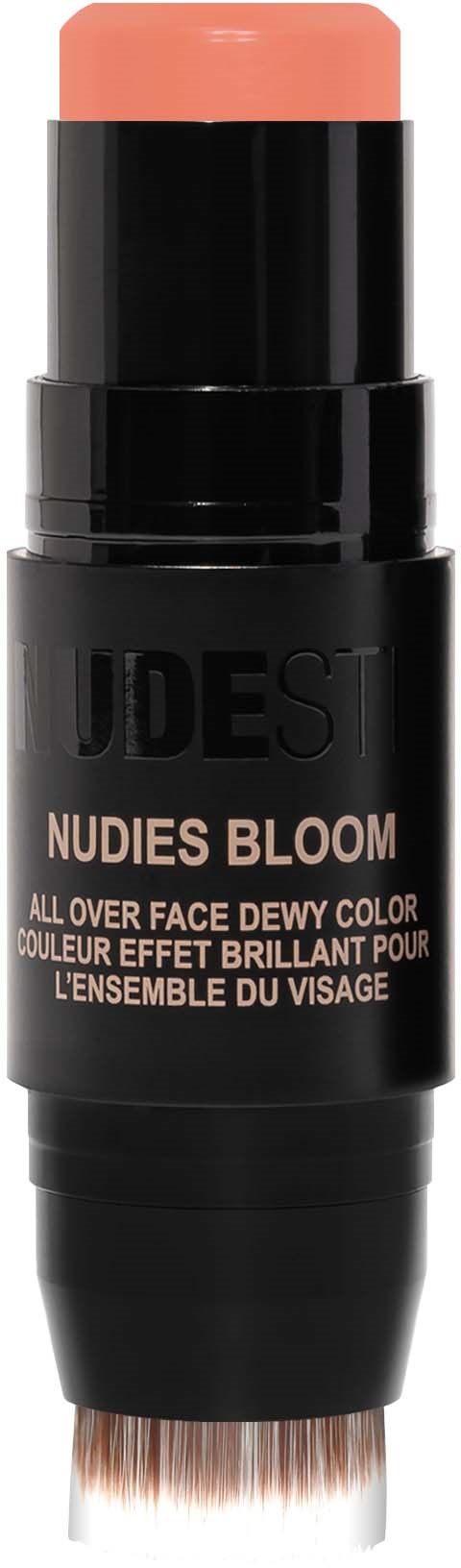 Ein Makeup-Produkt namens Nudies Bloom, rosa Farbe, in einer schwarzen Tube mit einem Pinsel unten.