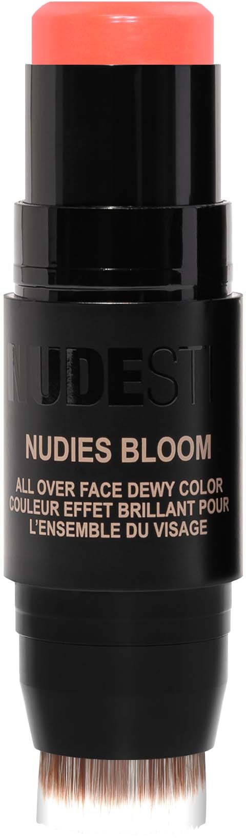 Musta meikkipysty, jonka yläosa on vaaleanpunainen ja jossa lukee "UDES NU DES BLOOM" kasvoväriksi.