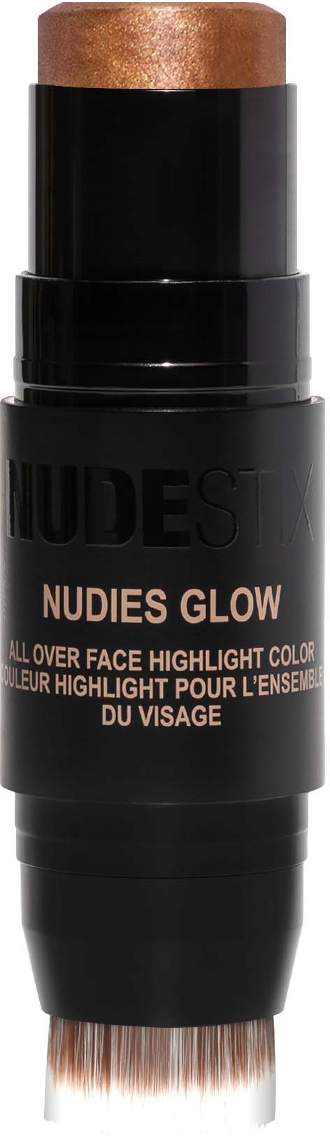 A makeup product shaped like a lipstick with a black body and a brownish highlighter stick on top.