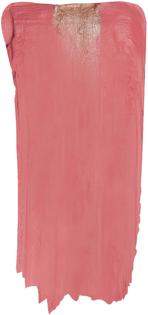 Ein zerrissenes, rosa rechteckiges Objekt mit ungleichmäßigem Rand und einem kleinen goldenen Bereich oben.