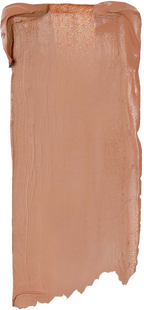 Ein beiger oder bronzefarbener Make-up-Test mit ungleichmäßigen Kanten und strukturierter Oberfläche.