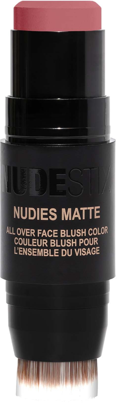 Musta ja vaaleanpunainen tuki, jossa harja alhaalla, nimeltään Nudies Matte, kasvojen poskipuna.