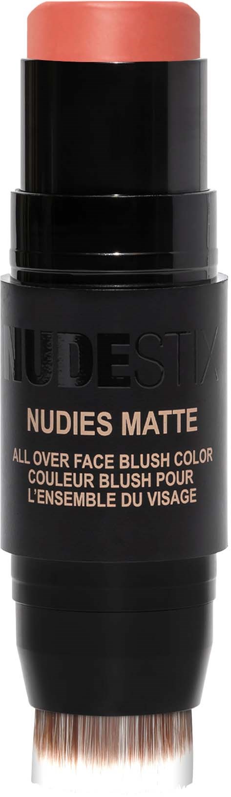 Musta meikkipuikko, jossa beige poskipuna yläosassa ja harja alhaalla.