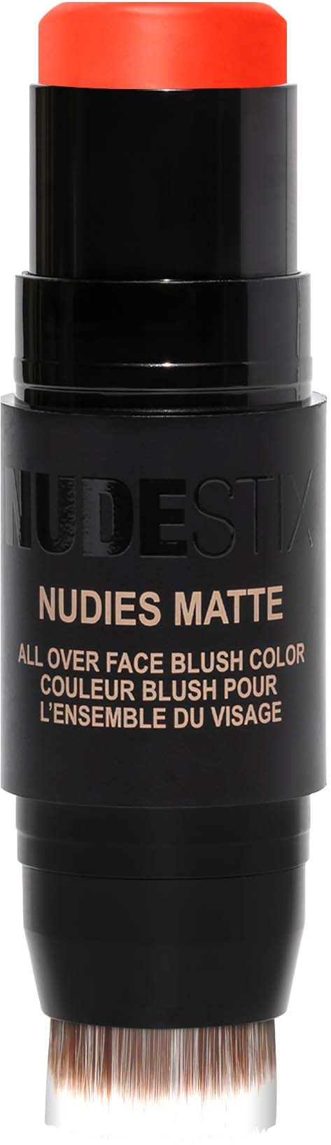 En svart pinne med en röd topp, märkt Nudestix Matte blush för ansiktet, med en borste i änden.