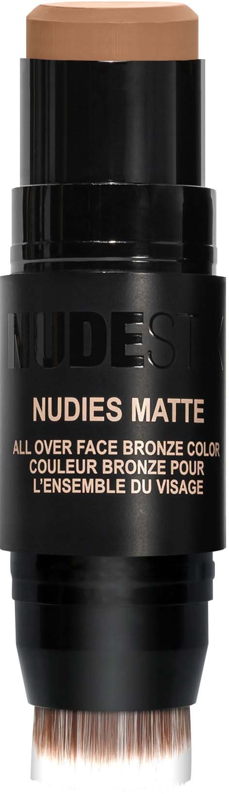 Ein Stift-Make-up-Produkt mit beiger Farbe und schwarzem Körper, gekennzeichnet als "Nudies Matte" für das Gesicht.