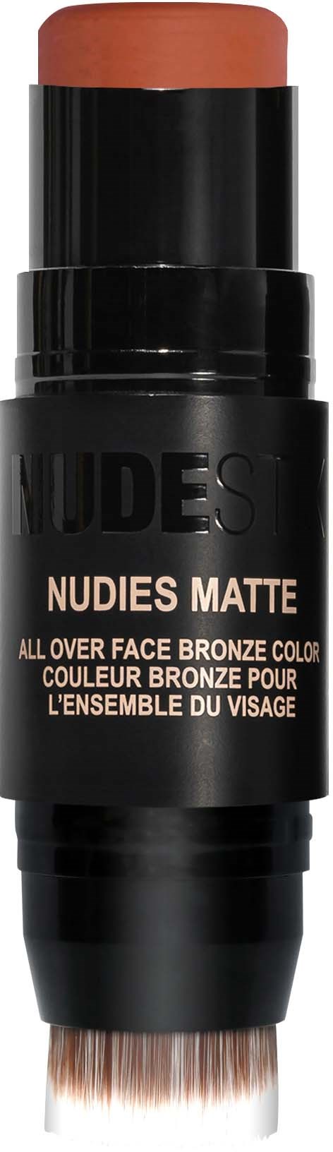 Ein Make-up-Stick mit brauner Creme an der Spitze, schwarzem Körper und beigen Pinsel am unteren Ende.