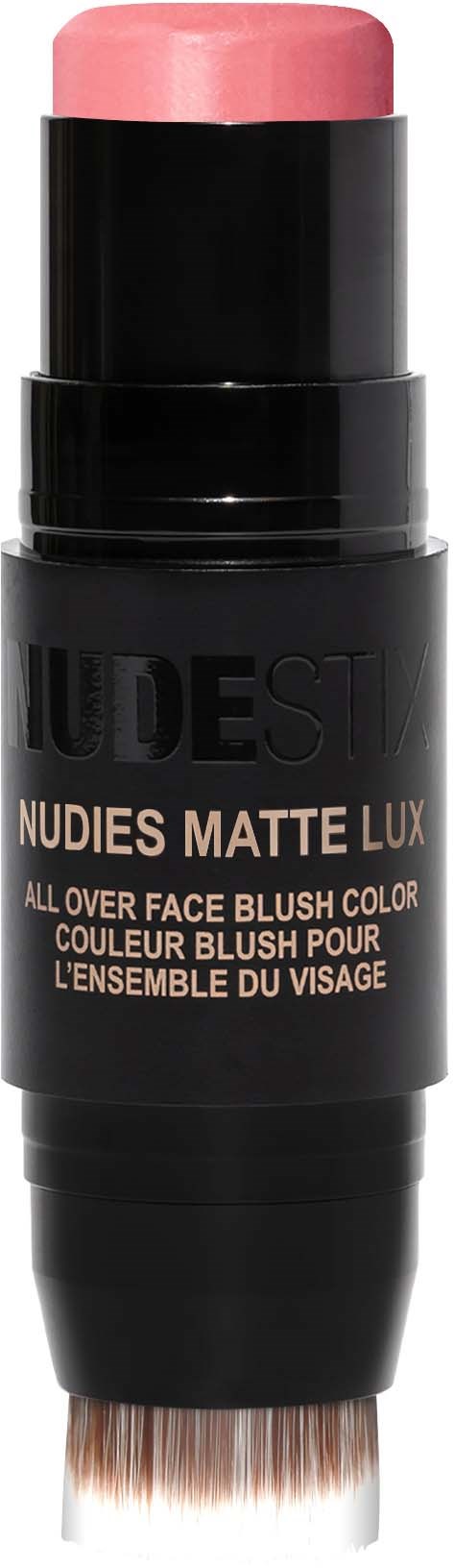 Ein Make-up-Stick mit rosa Rouge und Pinsel, gekennzeichnet als Nudestix Matte Lux Gesichtsrouge.