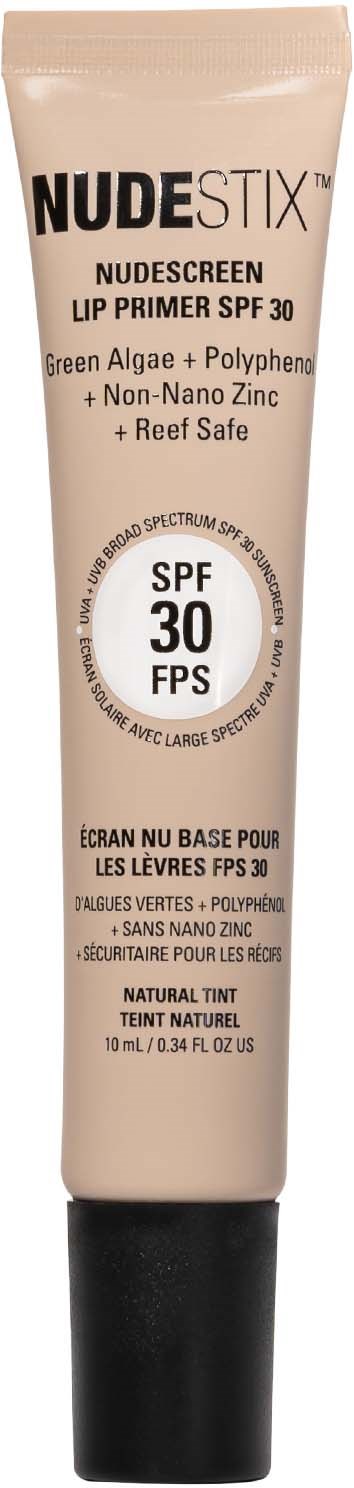 En tube med nude leppeprimer med SPF 30, inneholder grønnalger og sink, designet for å beskytte lepper og gi farge.
