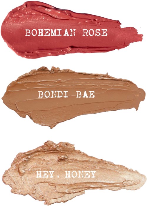Tre sminkprover märkta Bohemian Rose, Bondi Bae och Hey Honey, i nyanser av rött, beige och ljusbrunt.