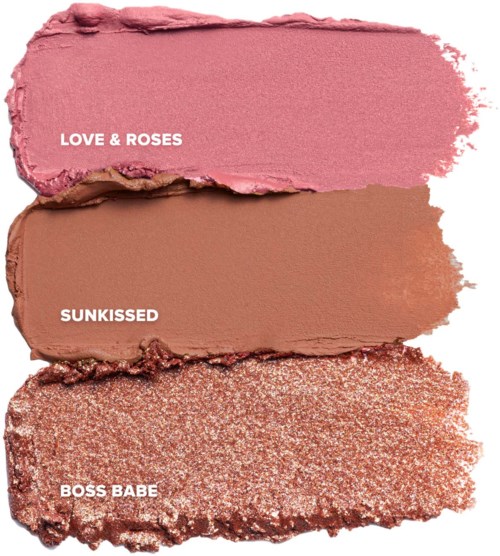 Drei Make-up-Proben in Pink, Braun und Glitzer mit Textbeschriftungen: Love & Roses, Sunkissed, Boss Babe.
