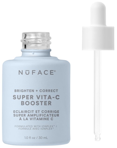 En ljusblå flaska från Nuface Super Vita-C Booster med pipett bredvid.