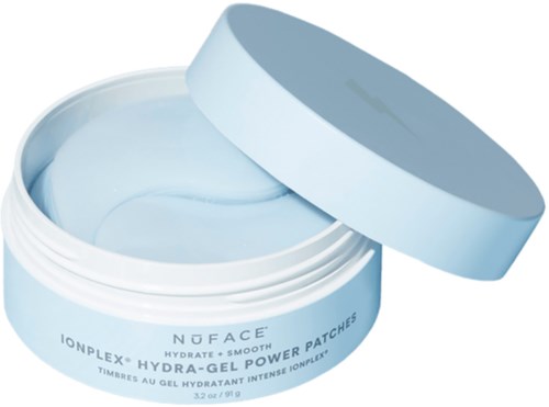 En öppen burk med ansiktsgel och blå lock, märkt Hydra-Gel Power Patches för fukt och slät hud.