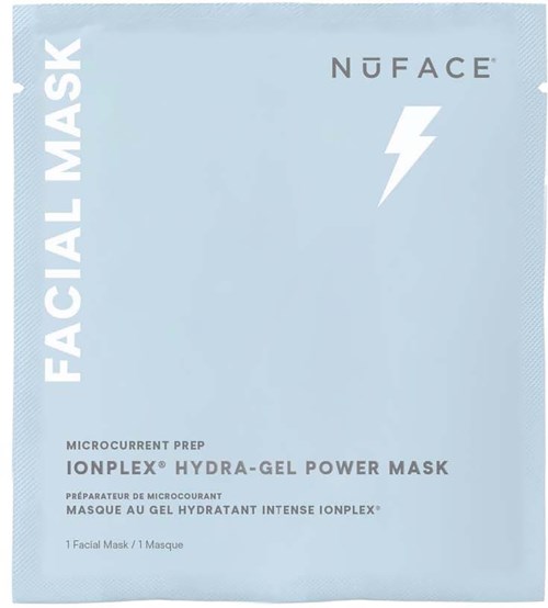 Ljusblå ansiktsmaskpaket med varumärket NUFACE och en blixtsymbol. Den nämner en hydra-gel power mask.