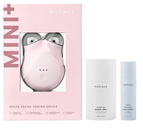 Bildet visar en rosa ansiktsenhet med mask, och två hudvårdflaskor märkta 'No Face' och 'Aqua Girl'.