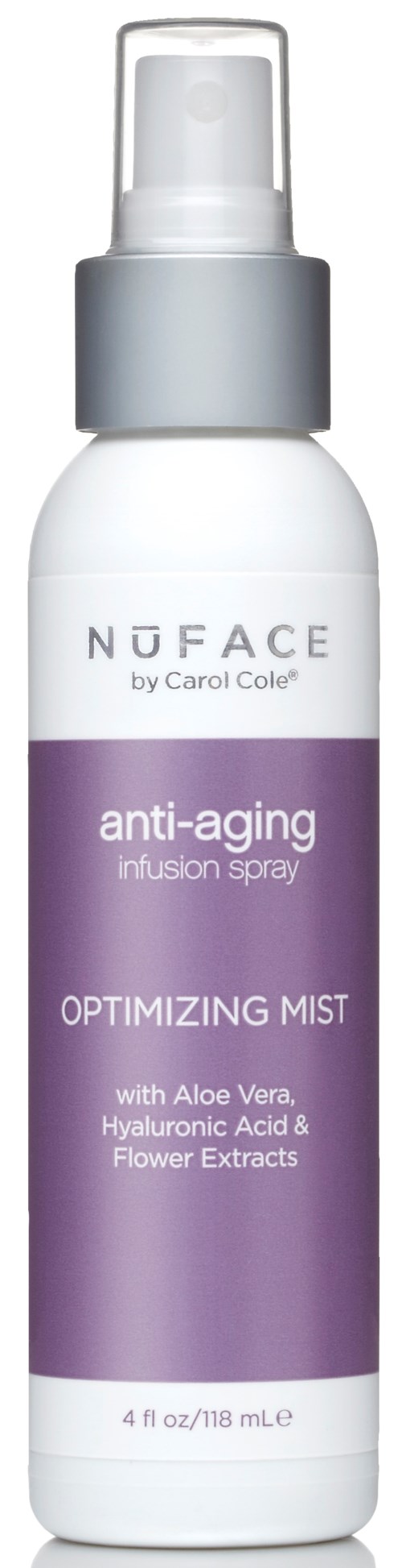 En hvit sprayflaske merket 'NUFACE anti-aging infusion spray' med lilla detaljer og grått lokk.