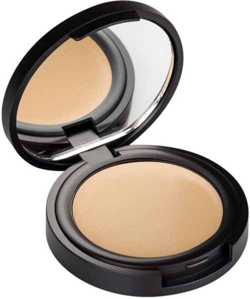 En liten platta med beige puder, öppet spegel på toppen, svart skal. Används för ansiktsmakeup.