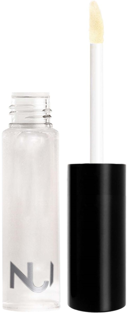 En klar läppglansflaska med applicator och svart lock.