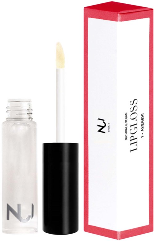 Klar läppglansrör med vit applikator och en rosa och vit box för Nu Face Gloss.