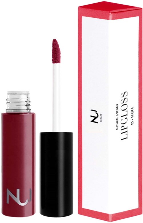 Ett läppstift i ett röd tube med en vit applikator, bredvid en hög låda märkt 'LIP GLOSS' från NU SKIN.
