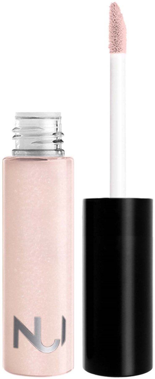 En liten, tydlig flaska med rosa läppglans, svart lock och applicator.
