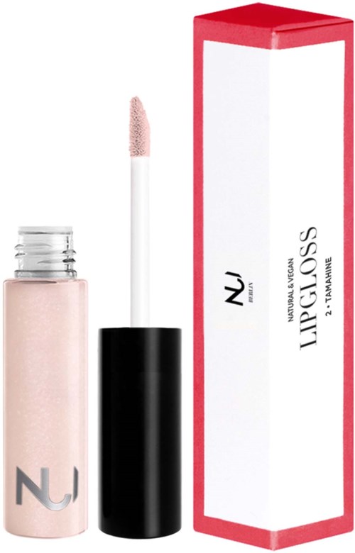 En läppglansrör med applikator och dess förpackning, med ljus rosa färg och enkel branding.