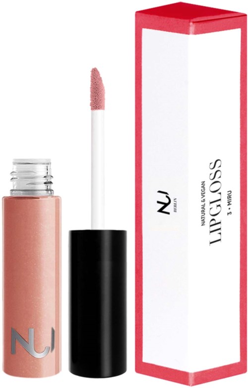 En läppglansrör med öppen applicator och en rödvit rektangulär förpackning.