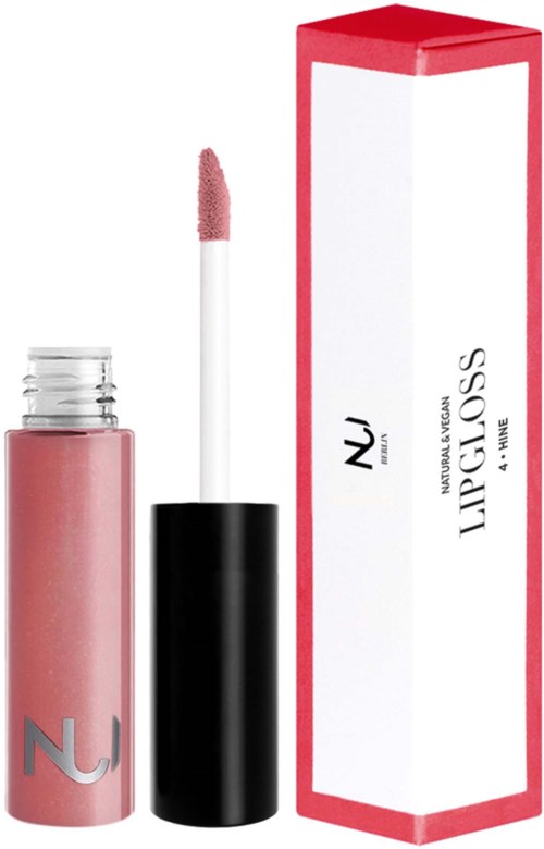 Ein Lipglossbehälter in Rosa mit Applikator, neben seiner weißen und pinken Verpackung.
