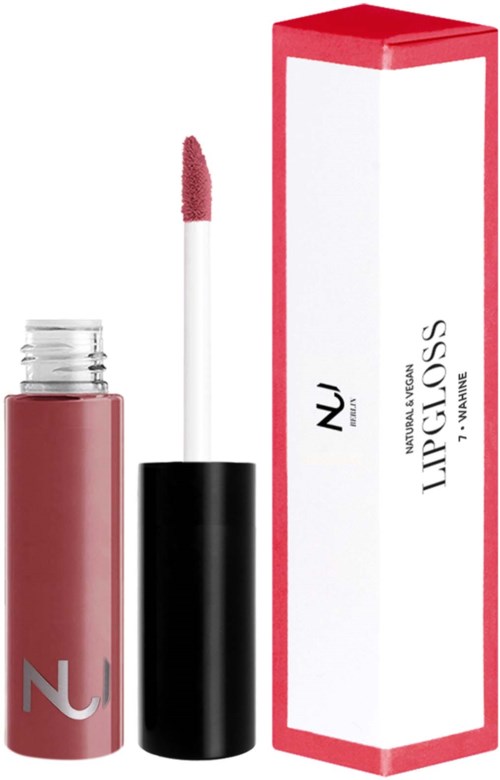 Lip gloss-flaska med applikator och en röd box för NUDE Lip Gloss av W7 Makeup.