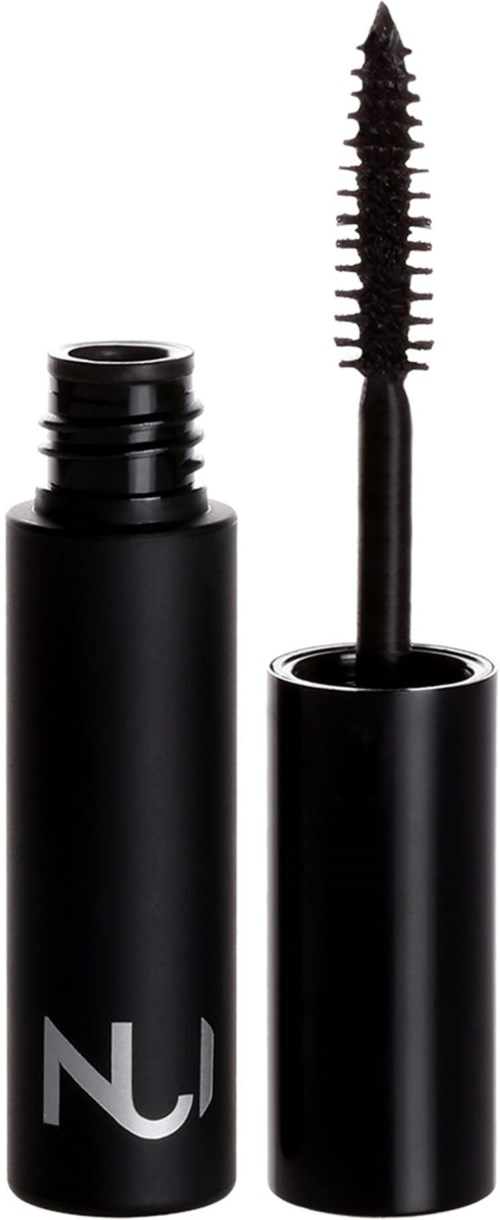 A black tube with a logo, open to show a brush applicator with tiny bristles for mascara.