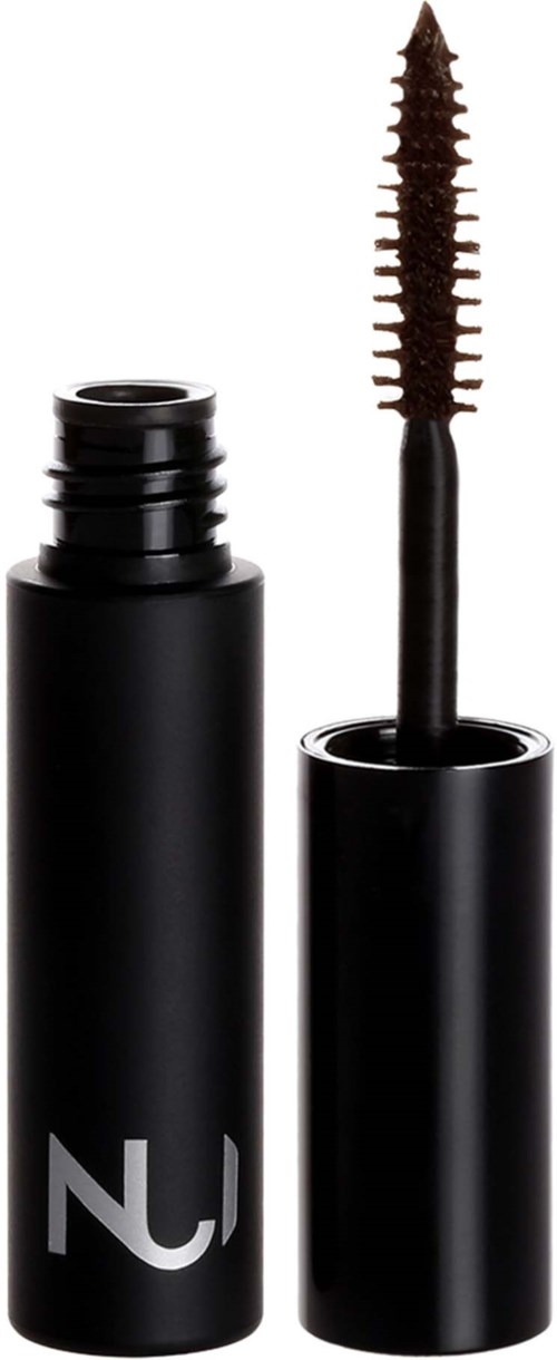 En svart mascara-är, med borsten synlig, visar borsten med små borst för mascaratillämpning.