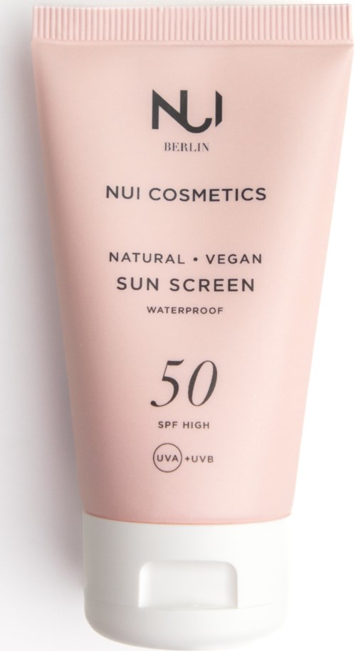 A pink sunscreen tube from NU Cosmetics with SPF 50, waterproof, vegan, and broad spectrum protection.