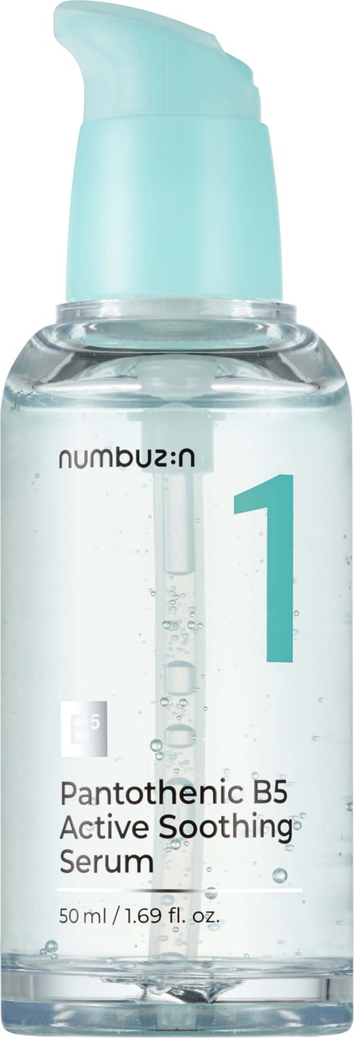 A clear bottle with a blue pump, labeled Pantothenic B5 Active Soothing Serum, 50 ml, for skin care.