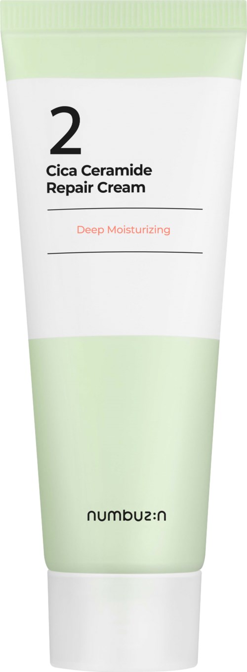 A tube of Cica Ceramide Repair Cream with green and white design, labeled for deep moisturizing.