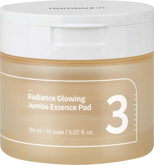 Een pot huidverzorgingscrème met label 'Radiance Glowing Jumbo Essence Pad' met 150 ml en 70 pads. Witte dop.