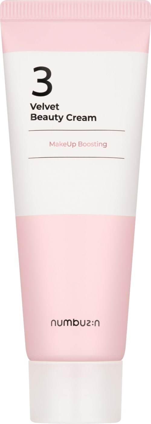 En rosa och vit tub med etiketten 'Velvet Beauty Cream' med numret 3, varumärkesnamnet 'numbuzn' och lite liten text.