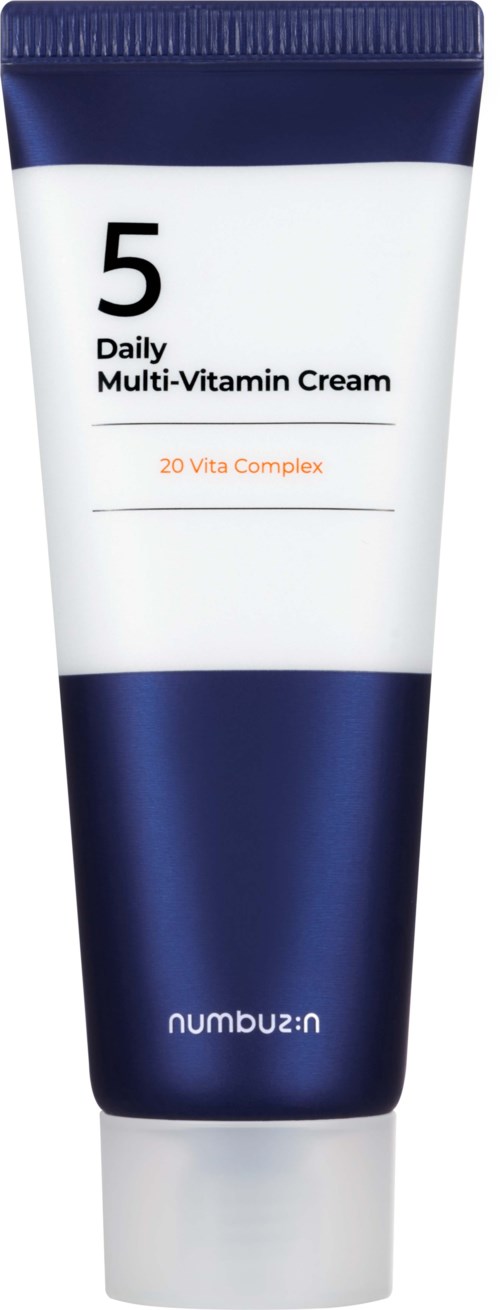 En tube med daglig multivitaminkrem med 20 Vita Complex, merket med nummer 5, i blå og hvite farger.